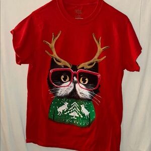 Classic Red Tee with Cat and Antlers